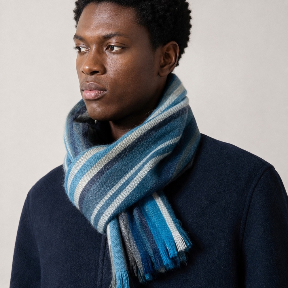 Shupaca Alpaca Blend Striped Scarf Blue Gray Fringe Handmade Ecuador